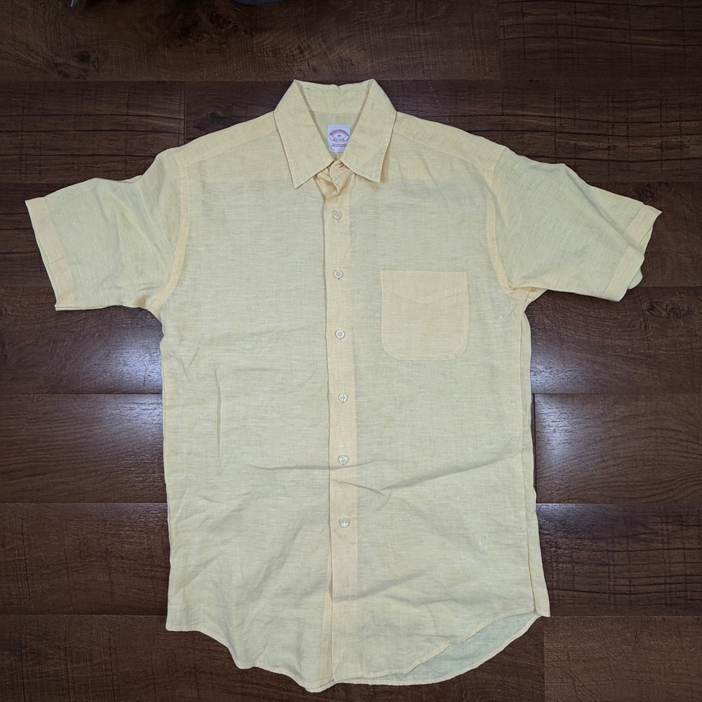 Brooks Brothers Button Down Mens Medium Yellow Irish Linen Short Sleeve Shirt